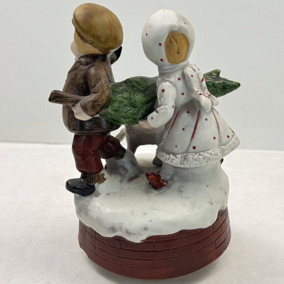 Vintage Ceramic Christmas Music Box "Oh Christmas Tree" Children Dog Rotating 7" - Picture 5 of 12